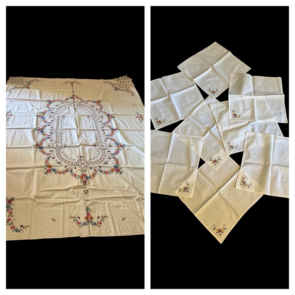 Vintage Linen Hand Embroidered Tablecloth Lace Inlaid Colorful Embroidery Napkin